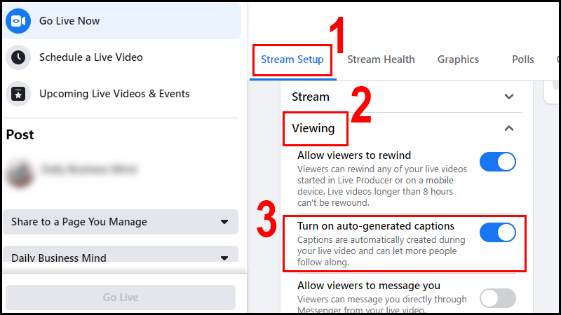 Thao t&aacute;c bật tắt phụ đề tự động tr&ecirc;n Live Stream